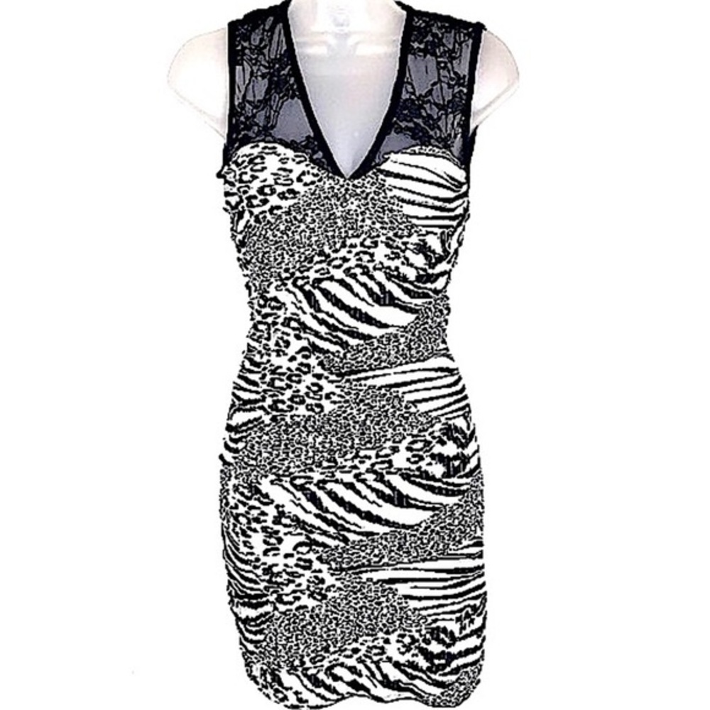Y2K Codigo Animal Print Tiered Ruffle Mesh Lace Mini Dress Black White Cocktail